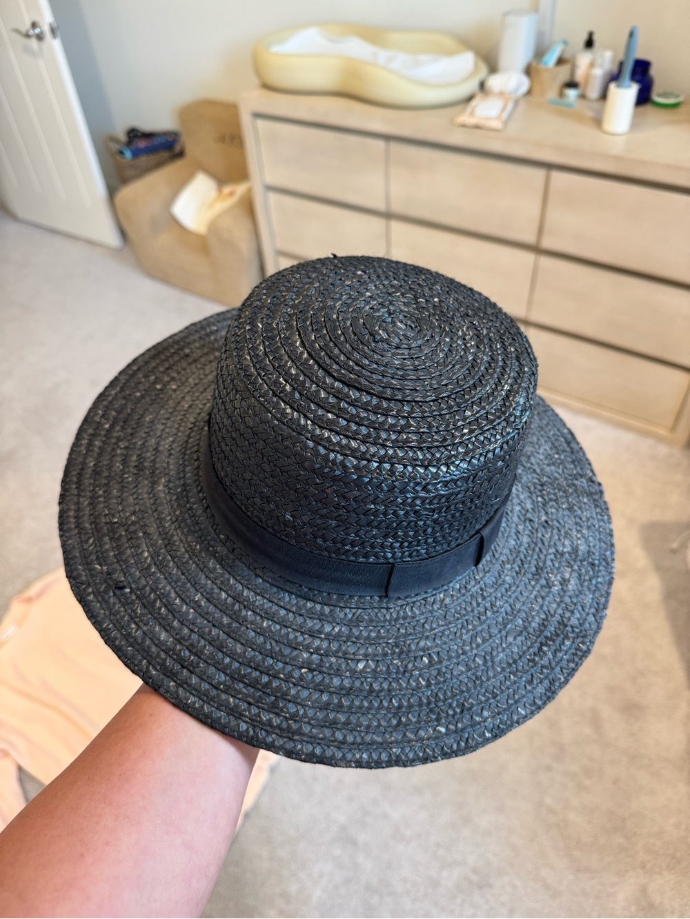 l*space Black Woven Straw Boater Hat with Ribbon